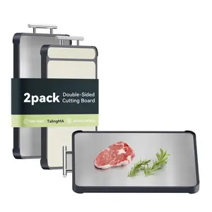 TalingMA 2pcs Stainless Steel Cutting Board Set, Large Cutting Boards for Kitchen, Double Sided Steel Meat Chopping Board with Handle, Non Toxic Wheat Straw PP/Dishwasher Safe/Food-Grade (16×11 In)