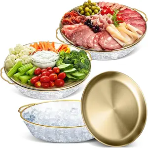 3 Set 11.8" Chilled Serving Tray for Parties with Compartments Ice Chilled Party Platter Charcuterie Serving Board Cold Dish Dip for Fruit Seafood Vegetable Shrimp Cocktail (Gold)