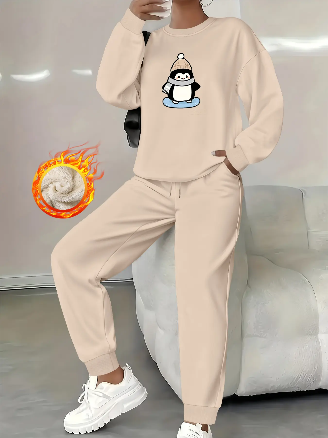 Women's Plus Size Lamb Wool Sweater Set, Penguin Print Cartoon Style, Casual Loose Fit Round Neck Winter Warm
