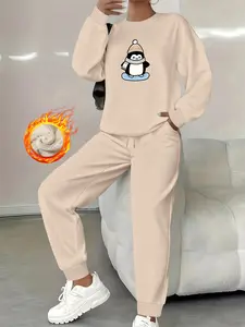 Women's Plus Size Lamb Wool Sweater Set, Penguin Print Cartoon Style, Casual Loose Fit Round Neck Winter Warm