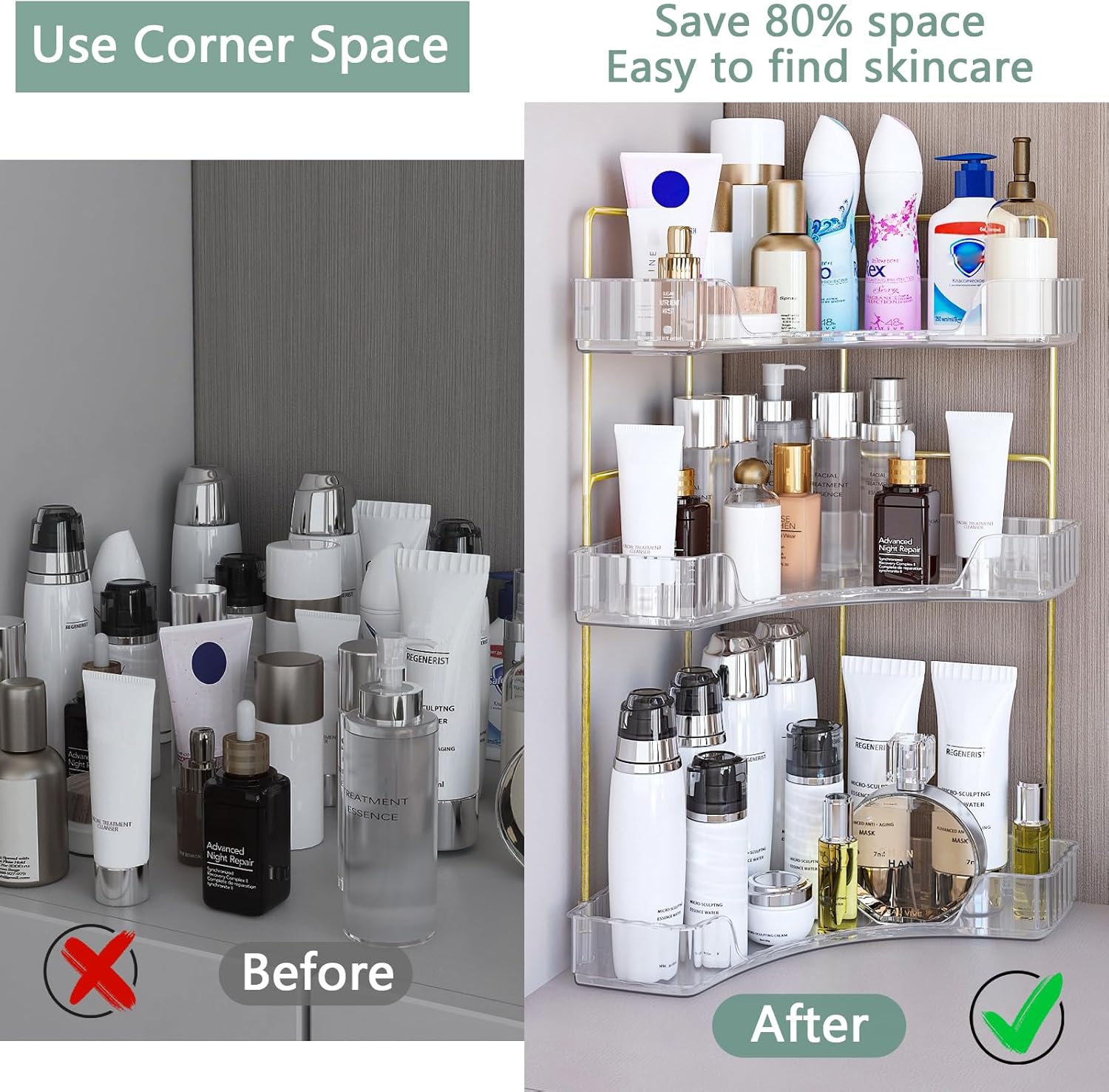 2/3-Tier Plastic Corner Bathroom Counter Organizer - Large Capacity Bathroom Accessories for Skincare, Makeup, Perfume Storage; Space-Saving Vanity, Dresser, Kitchen Sink Countertop Holder for Mothers