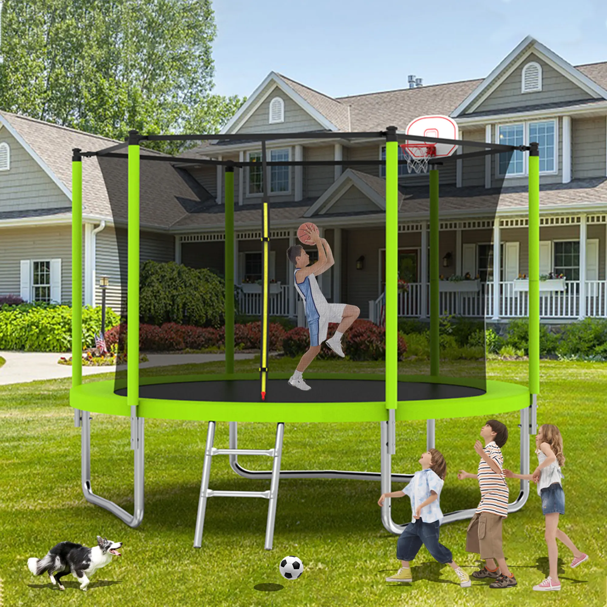 Mersco 10 FT Recreational Trampoline for Kids & Adults with Basketball Hoop Ladder Enclosure Net Green Home Gym Safe Durable 6 Safety Poles, Kids Outdoor Play, Outdoor Stuff For Kids, Stable Exercise Trampoline