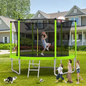 Mersco 10 FT Recreational Trampoline for Kids & Adults with Basketball Hoop Ladder Enclosure Net Green Home Gym Safe Durable 6 Safety Poles