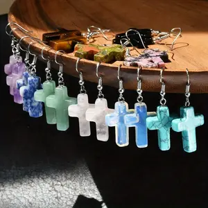 10Pairs Cross Earrings, Natural Stone Crystal Cross Pendant, Bohemian Retro Style Women's Elegant Accessory Earrings, Suitable for Daily Wear, Jewelry Gifts for Friends