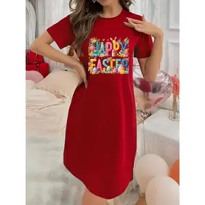 Soft Micro Stretch Women's Lingerie Easter Eggs and Flowers Happy Easter Printed Short Sleeve Round Neck Nightgown Sexy Elegant Young Style Women's Valentine's Day Dress Mother's Day Christmas Thanksgiving New Year Gift Ideas