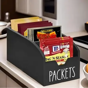 Wooden Spice Storage Box with 4 Compartments, Rustic Kitchen Organizer for Condiments Snacks, Multi-Purpose Counter Top Drawer, Kitchen Pantry Storage