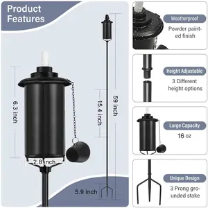 4 Pack Upgraded 16oz 59-Inch Outdoor Metal Citronella Torch with 3-Prong Grounded Stake, Table Top Torches for Outside Garden Decor Party Patio Pathway