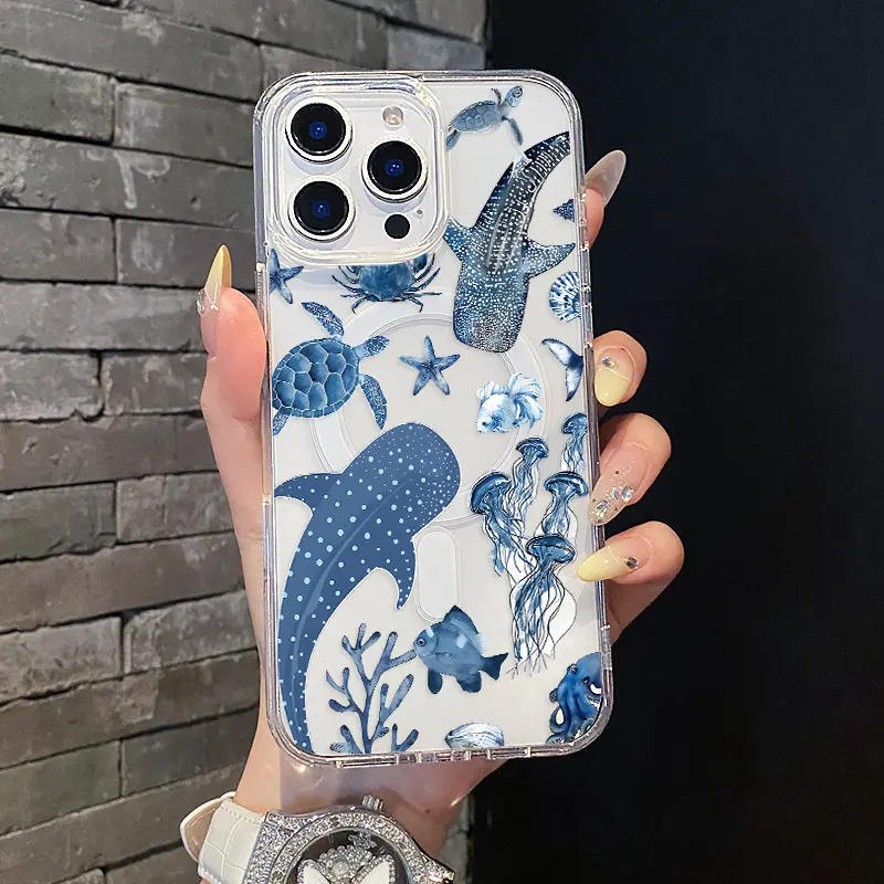 Magnetic Soft MagSafe TPU Smartphone Case for iPhone 11/12/13/14/15/16/17 Pro Max, Watercolor Marine Fish Pattern, Shockproof Slim-Fit Anti-Scratch Lightweight Casing, Handheld Camera Protection Accessories
