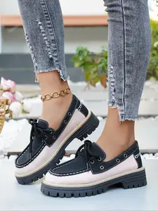 Women's Vintage Business Loafers Commuter Shoes, Spring Autumn New Four Seasons Casual Leather Shoes, Fashion Colorblock Thick Sole Waterproof Anti-Slip Boat Shoe