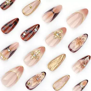 Showreal Luxury 3D Flower Press On Nails Long Glossy Acrylic Fake Nails with Rhinestones Reusable Nail Kit for Black Women Ideal for Party and Club Style