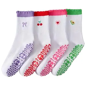 JointlyCreating Women's Pilates Grip Socks for Yoga & Barre Cute Ruffle Cuff Embroidery Pattern Non Skid Athletic Crew Socks for Pilates Yoga Ballet