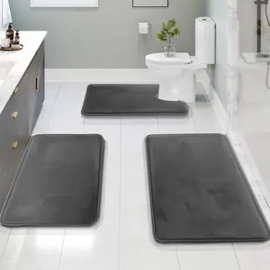 3 Piece Bathroom Rugs Bath Mat Set, Velvet Memory Foam Bath Mats for Bathroom - Non-Slip, PVC Backing Bath Rugs, Washable - Dries Quickly, Grey