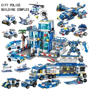 1000pcs Blue Police Car Building Blocks, High Difficulty Variable Shape Toys, Helicopter & Police Series, Desktop Decoration