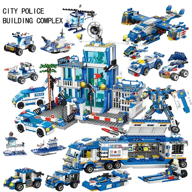 1000pcs Blue Police Car Building Blocks, Brick Set, Buildable Blocks Kit, Building Block Sets, Building Complex, Building Block Model, High Difficulty Variable Shape Toys, Helicopter & Police Series, Desktop Decoration