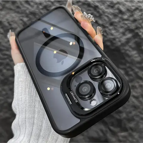 OREKROY Magnetic Mag Safe Clear Case +Camera Lens Protector Film Acrylic Hard Back Cover For iPhone 16 Pro Max,15 14 13 12 Pro Max Plus Camera Ring Kickstand Shockproof
