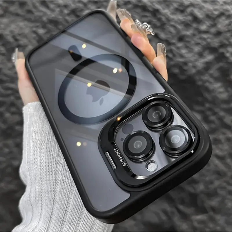 OREKROY Magnetic Mag Safe Clear Case +Camera Lens Protector Film Acrylic Hard Back Cover For iPhone 16 Pro Max,15 14 13 12 Pro Max Plus Camera Ring Kickstand Shockproof