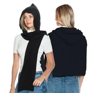 Black 2 Way Hooded Scarf with Long Back for Women & Men, Knitted Scarf Hat, Balaclava