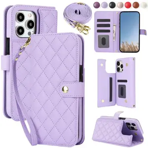Crossbody PU Faux Leather Phone Case For iPhone 14 Plus 13 Mini Pro Max Flip Wallet Card Slots With Wrist Strap Kickstand RFID Blocking Phone Cover