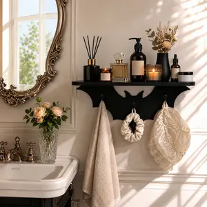 Bat-Shaped Wooden Wall Shelf with Hooks, Gothic Home Decor Organizer for Keys, Mugs, Coats & Accessories,Home Decor for Entryway, Bedroom, Kitchen & Living Room