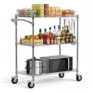 VEVOR Kitchen Utility Cart, 3 Tier Heavy Duty Adjustable Wire Storage Rack, Commercial Steel Rolling Service Trolley on Wheels, Work Table with Handle Bar, for Garage and Laundry Room, 35x17.8x40.9 i