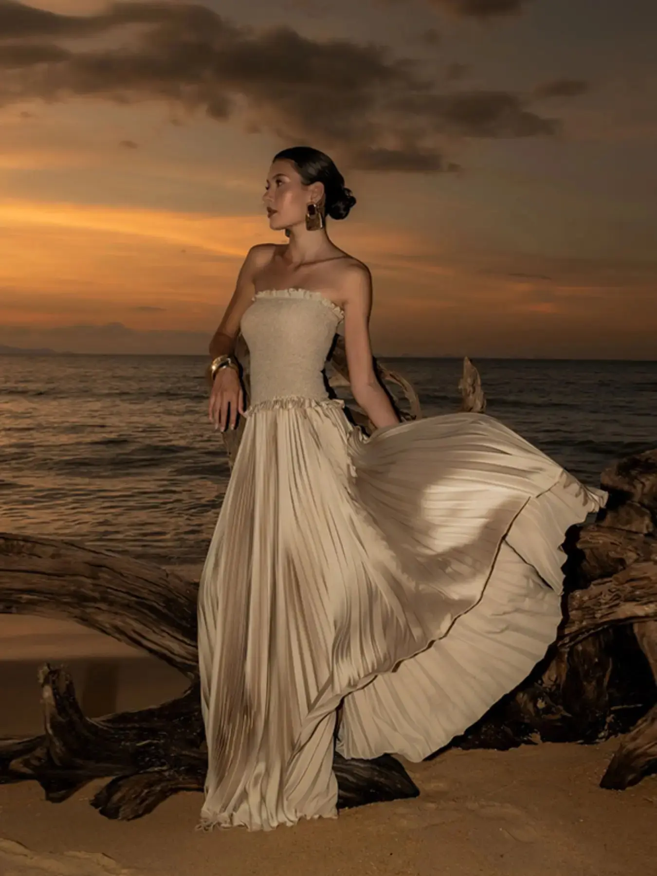 Sheer Bustier Dress Pleated A-Line Elegant Women Evening Gown Formal Events Special Occasions