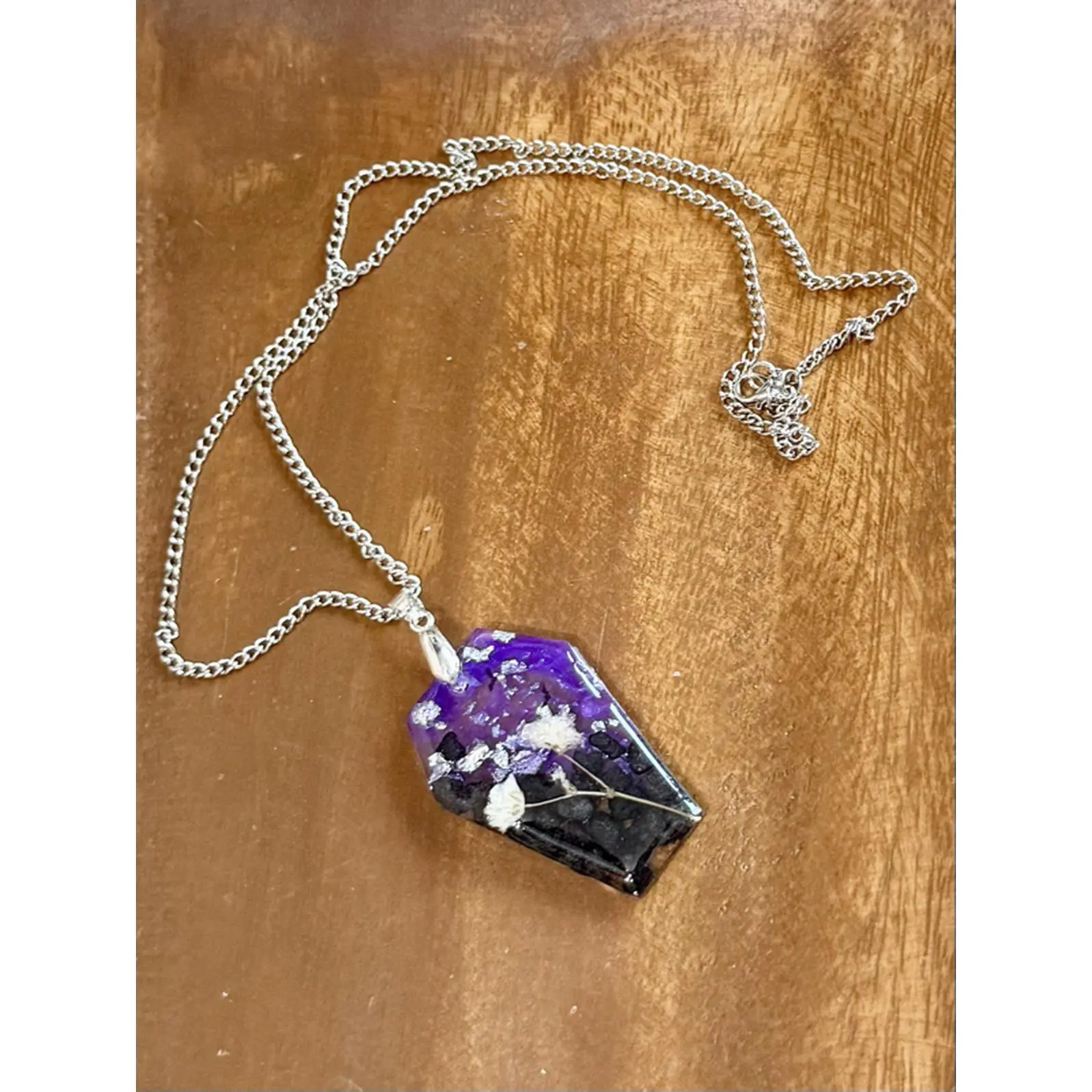 Coffin Resin Necklace with Dried Flowers Little Bats, Black Rock, Purple Resin Pendant On Chain