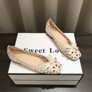 Women's Openwork Knit Ballet Flats | Square-toe flats with a bow and gold metal buckle | Breathable openwork ballet flats, perfect for spring and summer | Comfortable dress flats, available in black and apricot