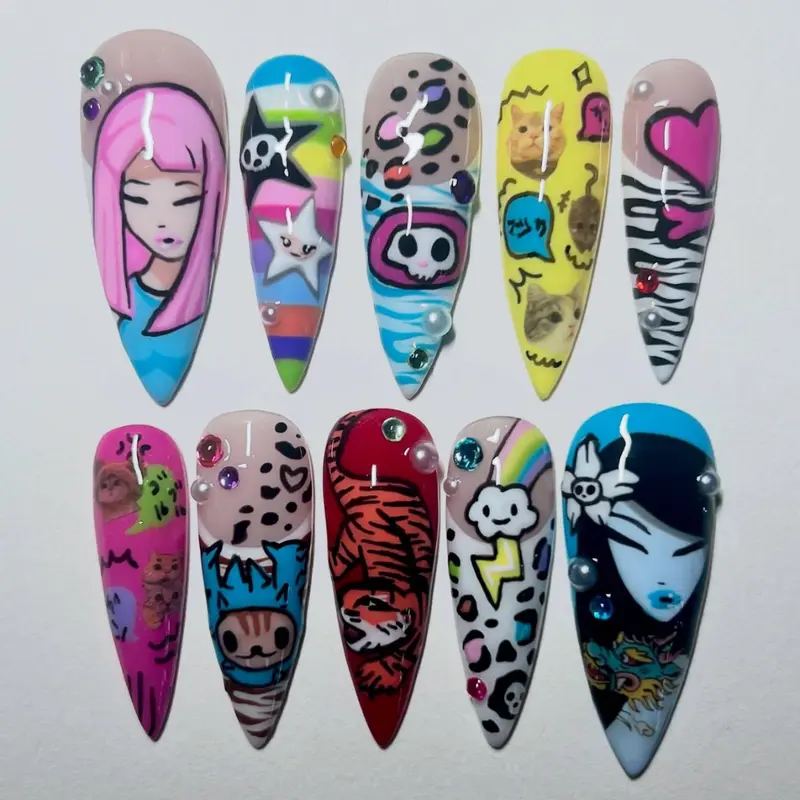 Colorful Cartoon Press On Nails – Long Stiletto Fake Nails with Pop Art Cat, Tiger, Rainbow, Heart, Zebra Print & Rhinestone Nail Art Design for Women
