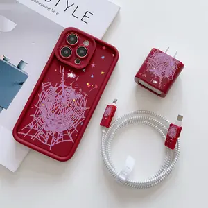 6 Piece Set Wine Spider Web Phone Case, Charger Head Cover, Cable Protector, Storage Rope, Data Line Wrap, Tpu Shockproof iPhone Cases