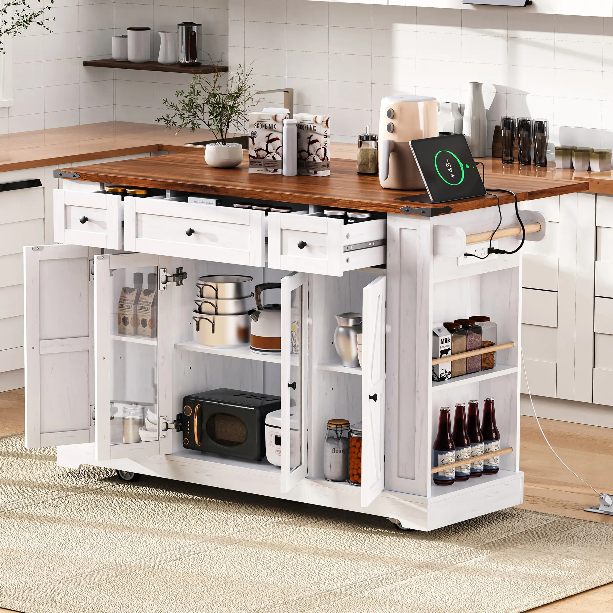 53" Farmhouse Rolling Kitchen Island Cart with Drop Leaf Table, 2 Tempered Glass Cabinet Doors, Power Outlet, USB Charging, 5 Open Side Racks, 3 Drawers, for Kitchen, Small Apartments