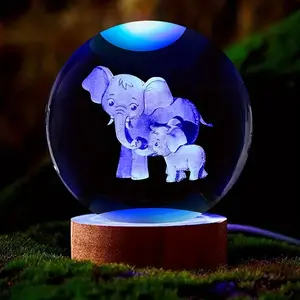 3D Mother Elephant Crystal Ball Wooden Base Night Light, Perfect Gift for Wife Friend Parents, Living Room Bedroom Indoor Home Decor Accent, Illuminated Night Light