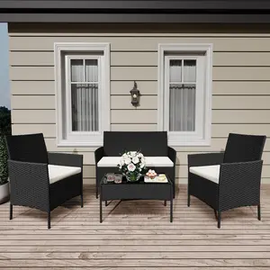 4-Piece Patio Furniture Set, Rattan Outdoor Furniture with Upholstered Sofa, 2 Chairs & Coffee Table, Modern Conversation Bistro Set for Garden Backyard Porch