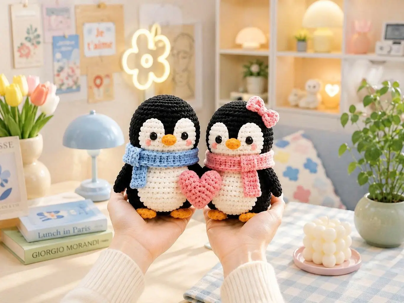 Handmade Crochet Penguin Couple with Heart, Cute Penguin Pair, Romantic Gift for Couples, Anniversary & Home Decor