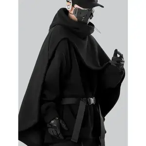 Men's Functional Style Collar Cloak Hoodie Hooded Two-piece Cloak Jacket (Single Top Without Belt Accessories) Long Sleeve Black(Sheets)