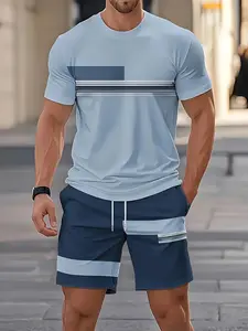 summer collection Men's shorts + short sleeve set two-piece set 3D full-frame printing Light Blue With Dark Blue And White Stripes Pattern loose and breathable Casual sports, trendy and versatile short-sleeved T-shirt, shorts men's casual wear fabric