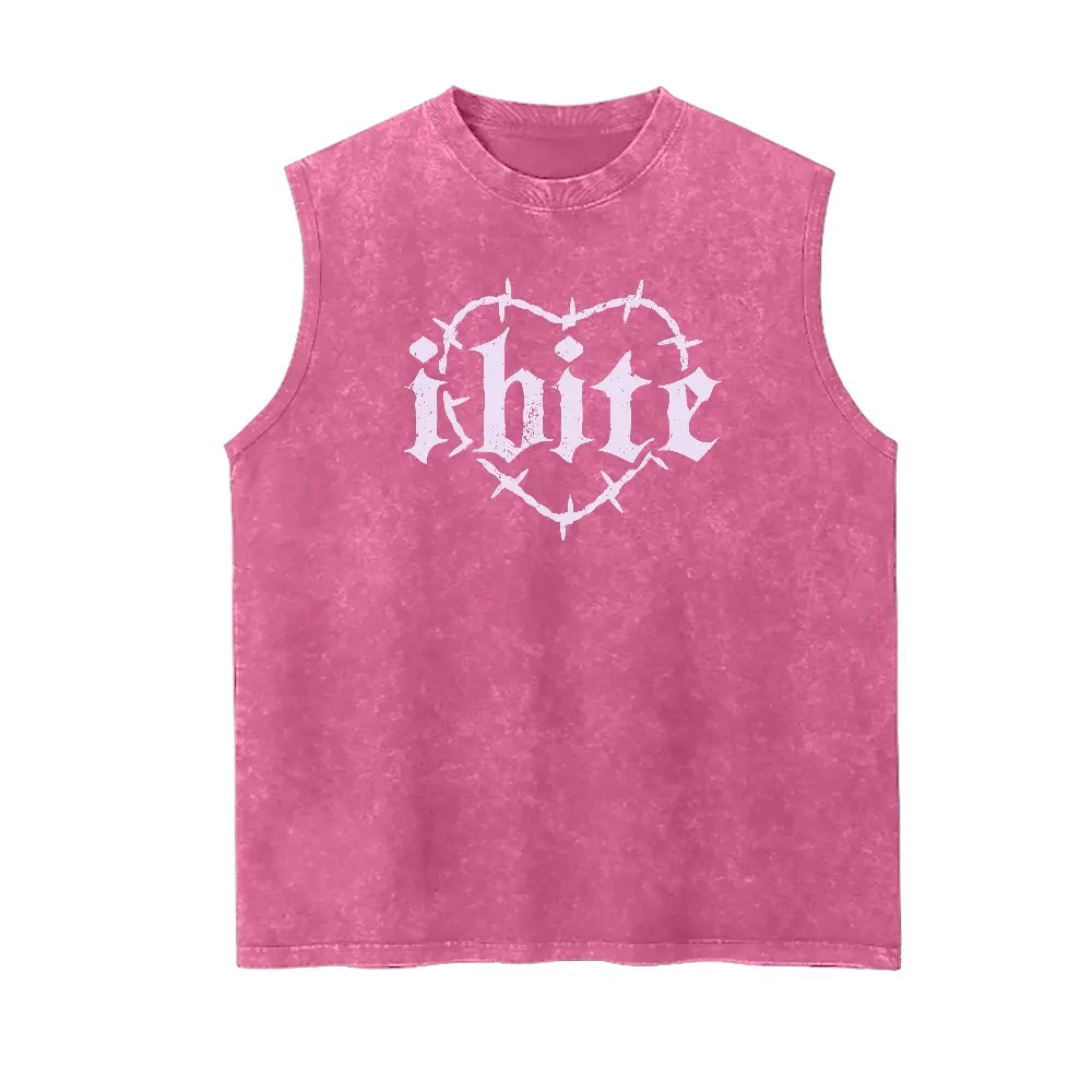 Men's "I Bite" Graphic Tank Top, Vintage Washed Distressed 100% Cotton, Soft Breathable Loose Fit Goth Streetwear, Menswear, Sleeveless, Casual, Retro, Fabric, Relaxed Fit, Goth Humor Vibe, Vintage Wash Look, Loose-Fitting