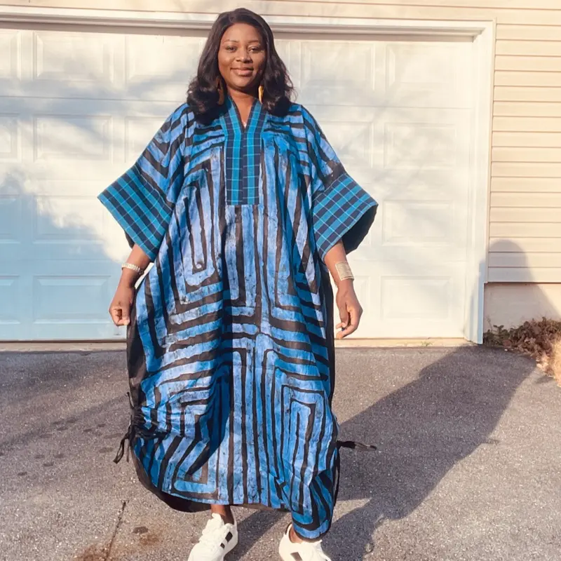 African Style Blue & Black Geometric Print Oversized Kaftan Dress for Women