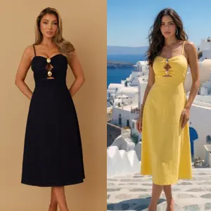 DENIM STRETCH CASUAL DRESS - BIND WRAP DETAIL WITH OPEN OPENS - A LINE DRESS - THIN ADJUSTABLE STRAPS - ZIPEPR ON THE BACK