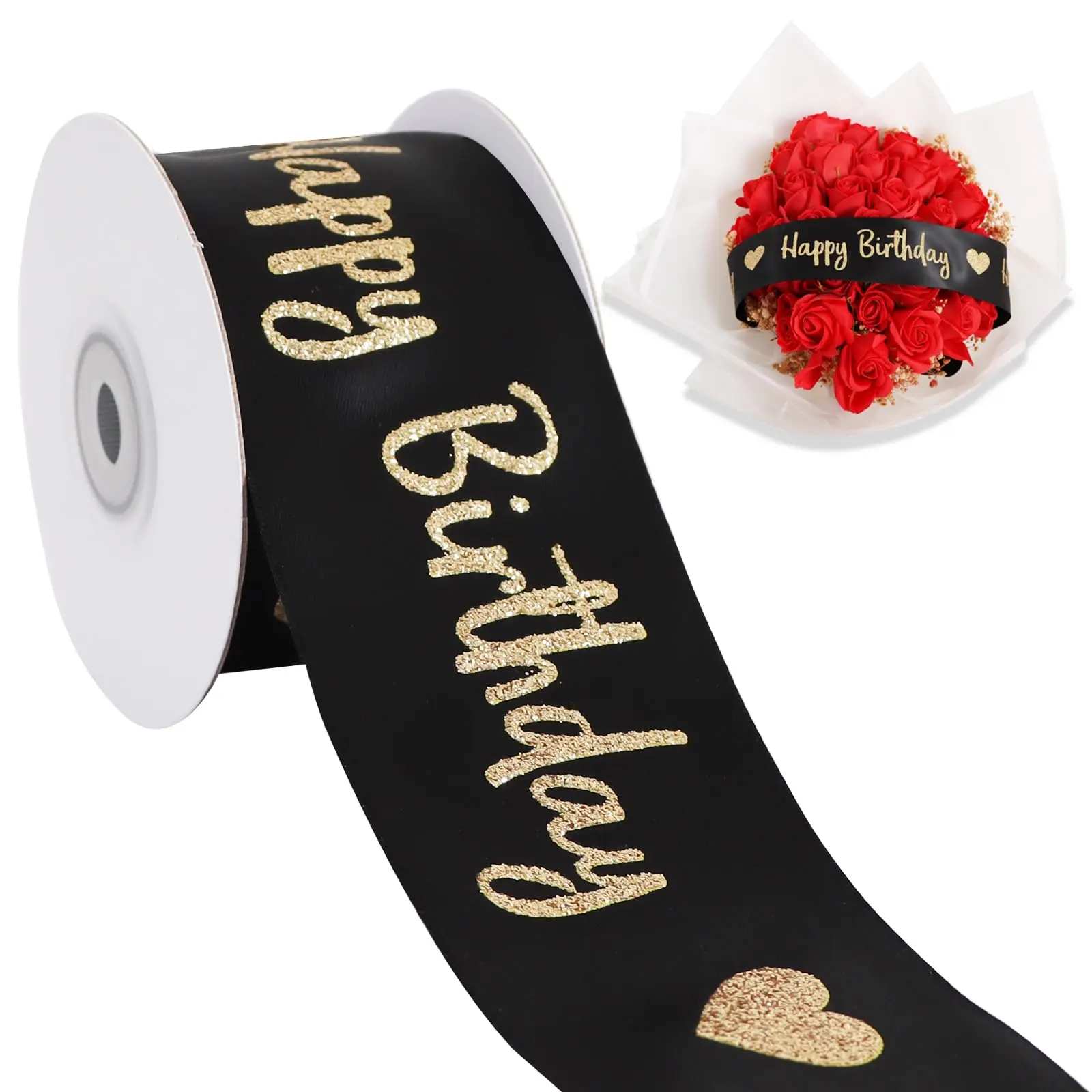 Level up your gift game  Black ribbon with glitter “Happy Birthday” – 10 yards long, 2 inches wide. Perfect for flowers, crafts, party banners.