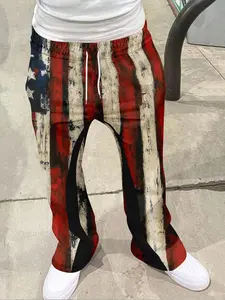Men's Loose Fit 3D Vintage American Flag Art Print Pants, Casual Sporty Streetwear, Geometric Pattern, All Seasons, Casual Streetwear Trousers