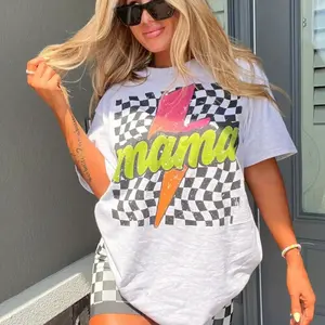 Vintage 90s Neon Mama Graphic Tee, Retro Checkerboard Pattern T-Shirt, Groovy Lightning Bolt Top, Cool Mother Aesthetic, Everyday Comfort Tee, Streetwear, Unisex, Cotton	