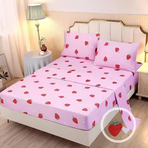 4PCS Strawberry Bed Sheets,Twin Size Red,Pink White Kawaii Bedding Sheet Set with 1 Top Flat Sheet + 1 Deep Pocket Fitted Sheet + 2 Pillowcases for Teen Girls Home Decor