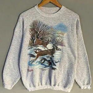 Classic Winter Nature Printed, Vintage Snow Winter Forest Printed, Vintage Running Deer in Snow Graphic, Vintage Wild Deer Graphic Sweatshirt, Unisex S-3XL - Menswear & Womenswear - Streetwear Tops - Casual Cotton Crewneck Polyester Sweatshirt
