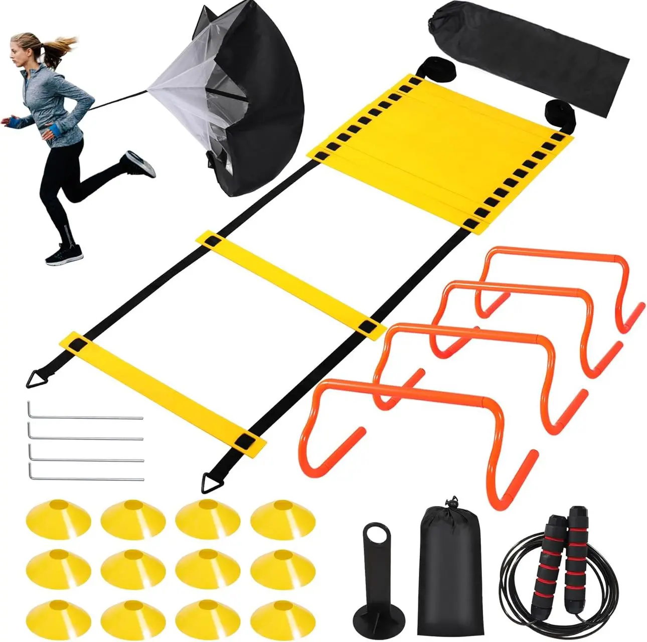Portable Speed & Agility Training Set - Lightweight Foldable Fitness Equipment for Youth, 20ft Adjustable Ladder, 12 Disc Cones, 4 Hurdles, Steel Wire Jump Rope, Running Parachute, Compact Pack Home Gear