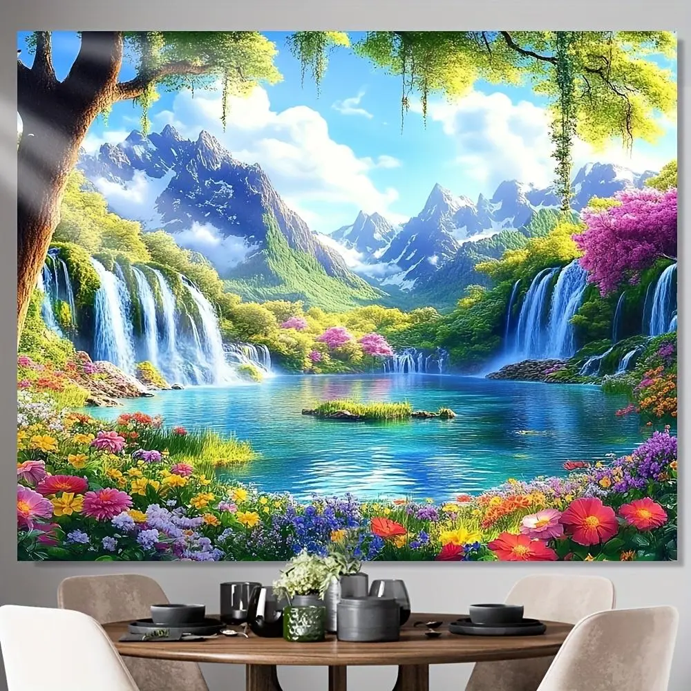 1pc 2D Flat Polyester Backdrop Banner - Multicolor Vibrant Waterfall Garden Greenery-Wildflowers Print, Reusable Indoor-Outdoor Birthday Decor, Home & Office Supply,summerwins