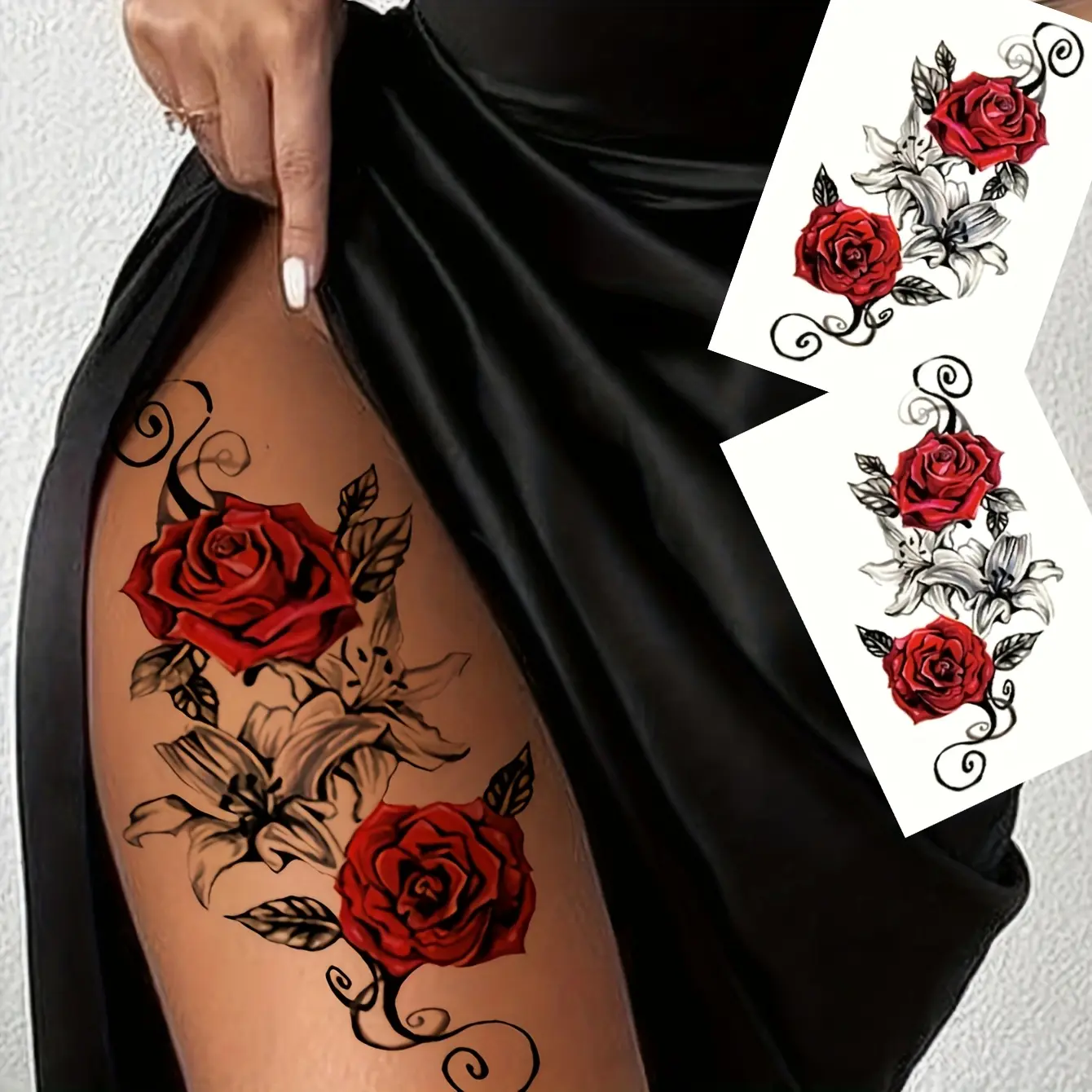 2pcs Red Rose Temporary Tattoo Stickers for Arm and Leg, Chest and Thigh Design, Waterproof Realistic Flower Tattoos, Perfect for Women, Arm Sleeve Tattoos, Temporary Fake Tattoos