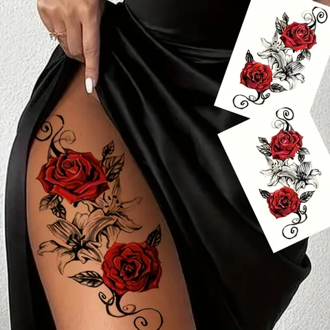 2pcs Red Rose Temporary Tattoo Stickers for Arm and Leg, Chest and Thigh Design, Waterproof Realistic Flower Tattoos, Perfect for Women, Arm Sleeve Tattoos, Temporary Fake Tattoos
