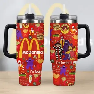 McDonalds Retro Fast Food Tumbler with Handle, Im Lovin It Golden Arches 40oz Insulated Travel Mug, Ronald McDonald Grimace Hamburglar Pattern Cup, Stainless Steel Iced Coffee Tumbler, Vintage Restaurant Merch, Nostalgic Birthday Gift for Foodies