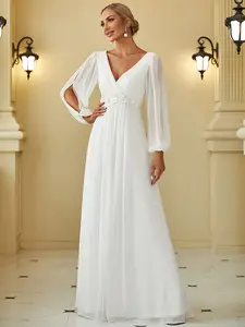 Ever-Pretty 2026 Spring Wedding dress Elegant Chiffon V-Neck Long Sleeve Formal Evening Dress , Weddings & Special Occasions  ,Evening  dress Spring  dress,holiday dress 00461