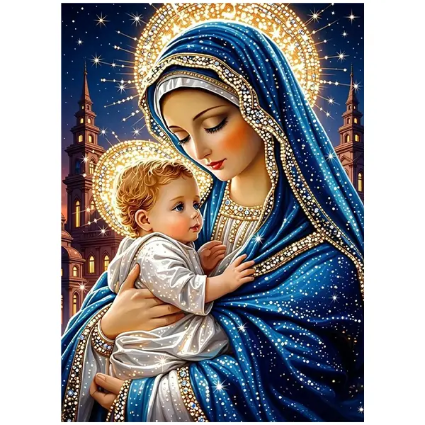DIY Sparkling Diamonds Painting Kit - Religious Sacred Blue Robe Madonna And Child, Starry Church Vertical Design, 11.8"×15.7", Stress Relief DIY Needlework Toy for Bedrooms, Includes Stylus Tool
